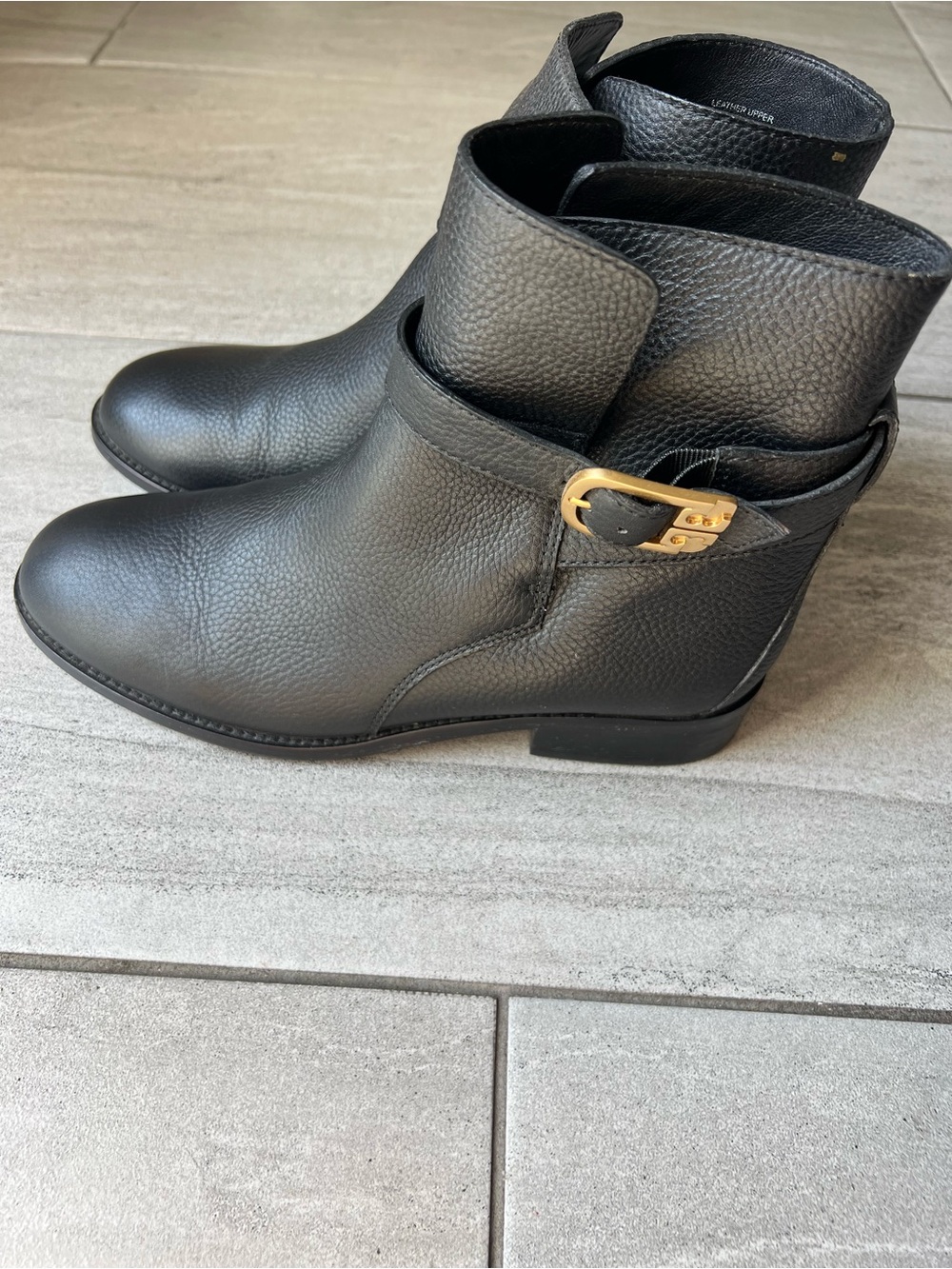 Tory Burch Black Leather Ankle Booties with Gold Buckle Accent